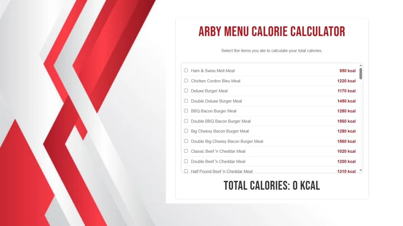Arby menu calorie calculator