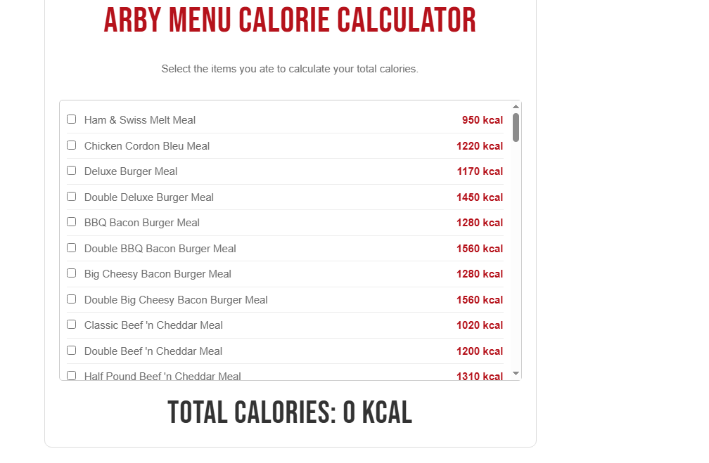 Arby's Menu Calories